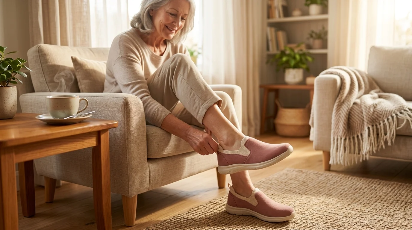 Seniorin traegt Komfortschuhe zu Hause